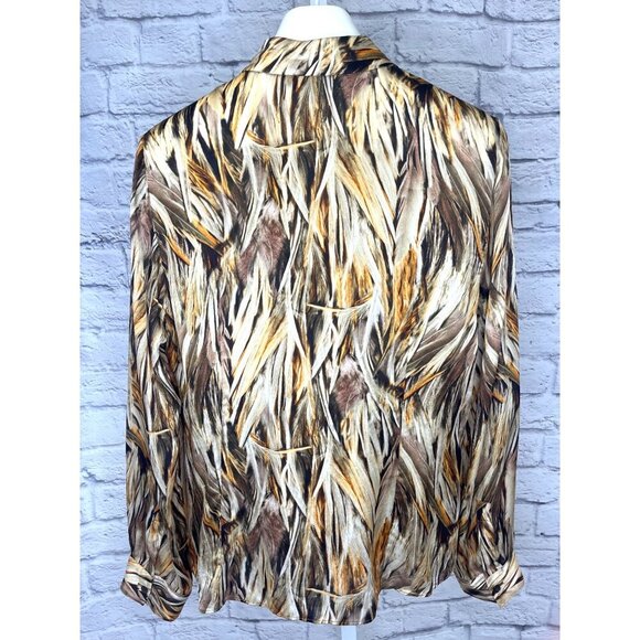 Lafayette 148 Autumn Brown Orange Feather Print V-Neck Silk Blouse Size 12 - Picture 2 of 7